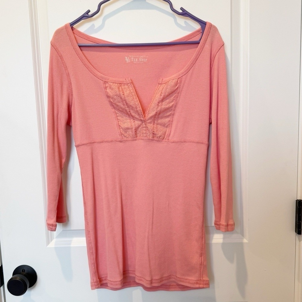 Vtg Victoria Secret Y2K Ribbed Babydoll Top Large‎ Preppy Mall Pink 3/4 Sleeve